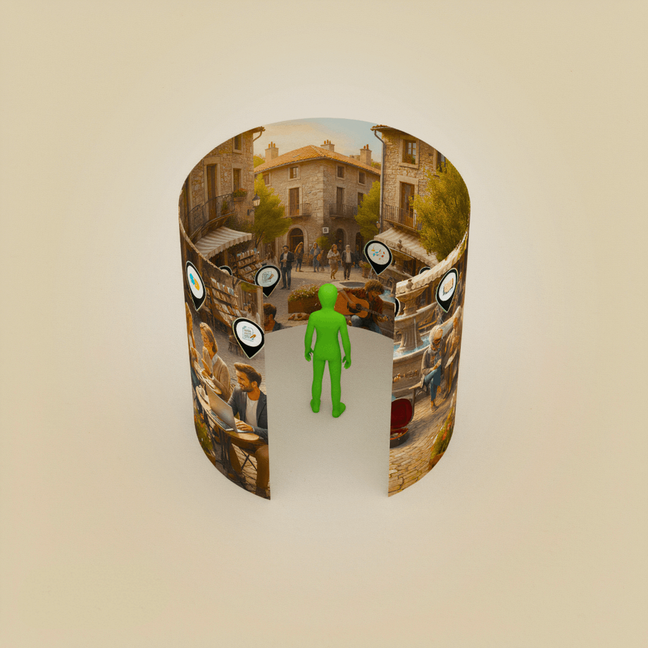 A paper cylinder surrounds the perspective of the user.