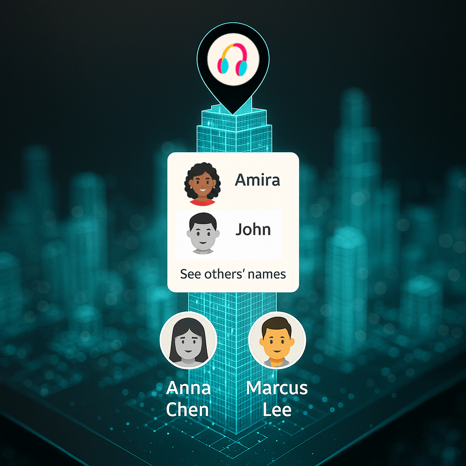 Image of an individual seeing their friend and a team member listening to music in a building nearby.