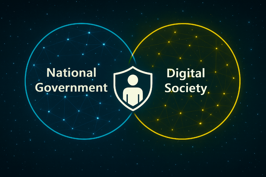 A Venn diagram showing how people are protected from both sides by national government, and digital society alike.