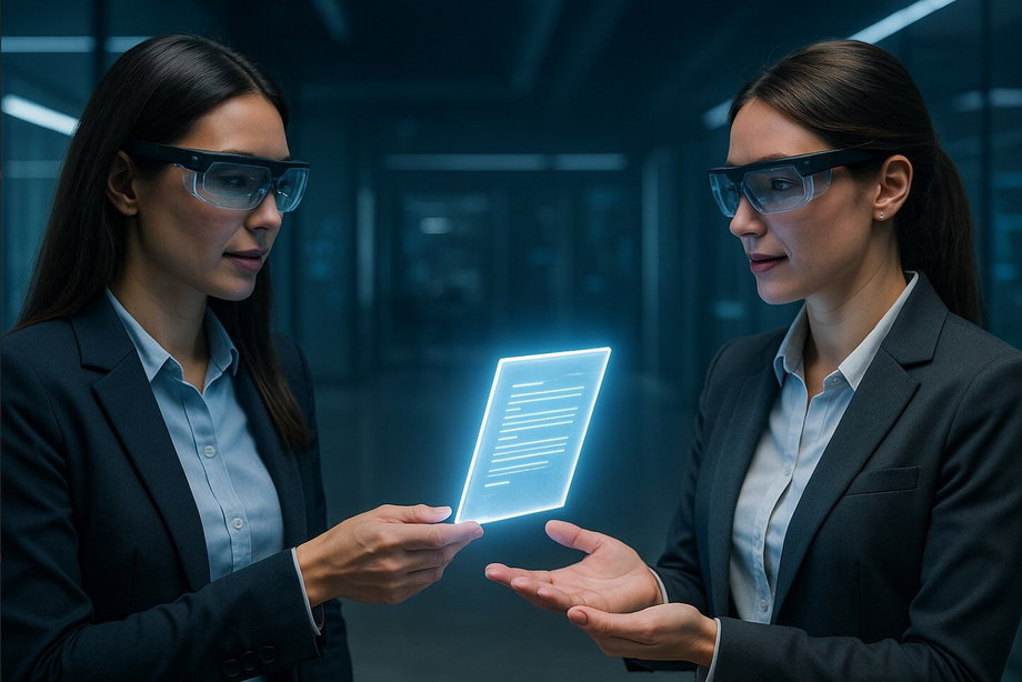 Two people handing a document to each other.