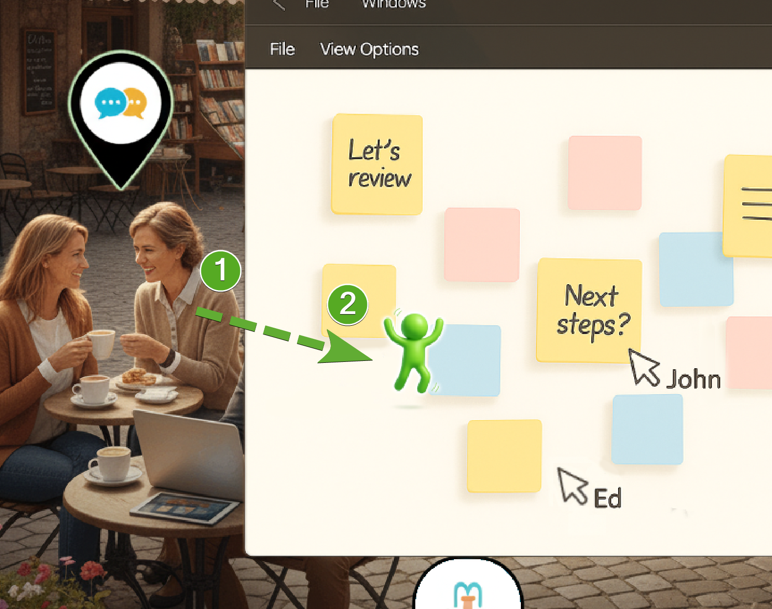 The image depicts an icon being dragged into a whiteboard.