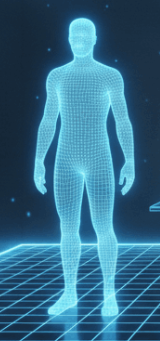 A person has a blue and white grid.