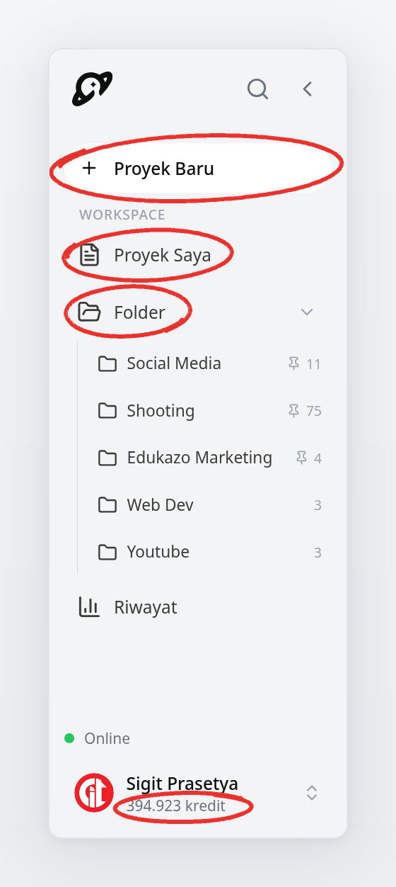 Sidebar dengan tombol Proyek Baru, pencarian, folder yang bisa dilipat, dan info kredit