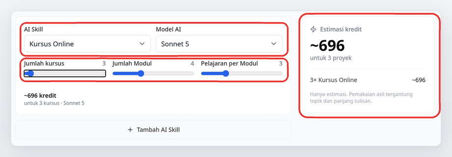 Kalkulator kredit dengan pilihan skill, model, slider, dan perkiraan kredit