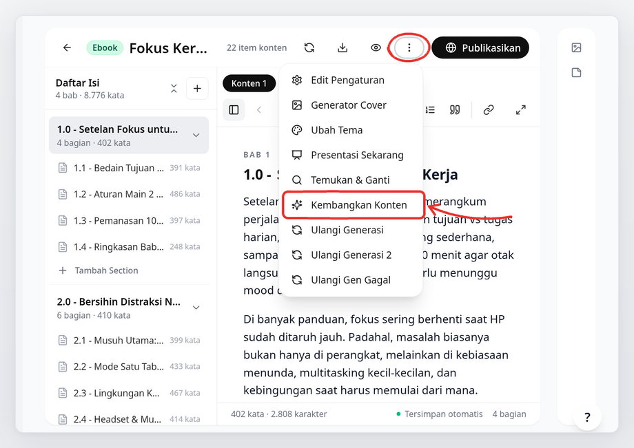 Menu titik tiga dengan opsi Kembangkan Konten