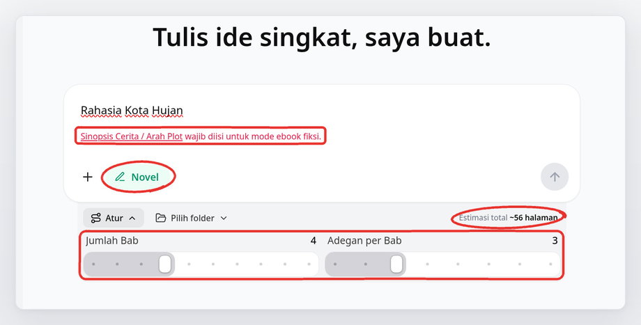 Form ebook fiksi dengan slider Jumlah Bab, Adegan per Bab, dan peringatan Sinopsis wajib diisi