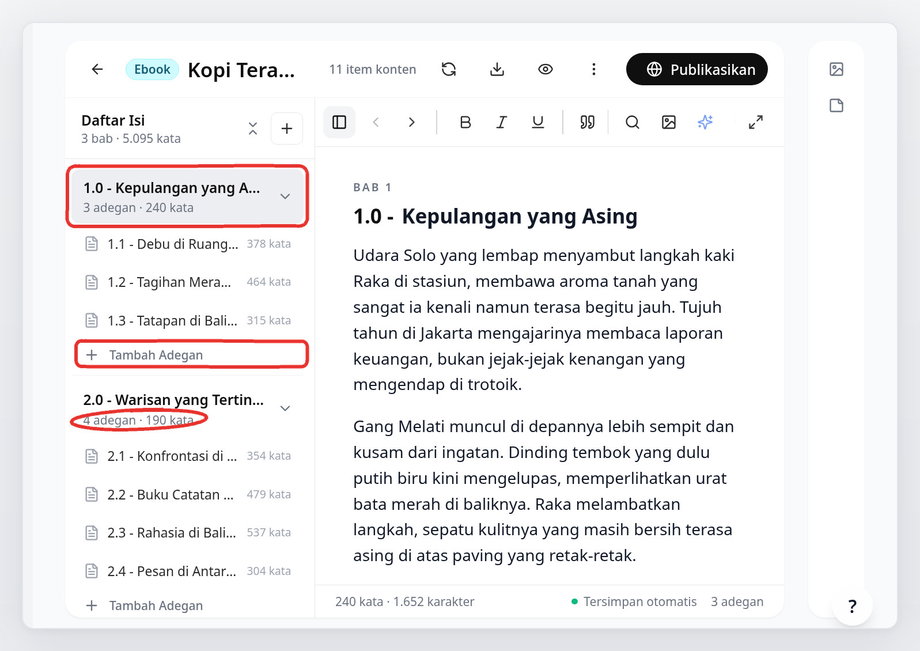 Curriculum Builder novel dengan struktur Bab dan Adegan
