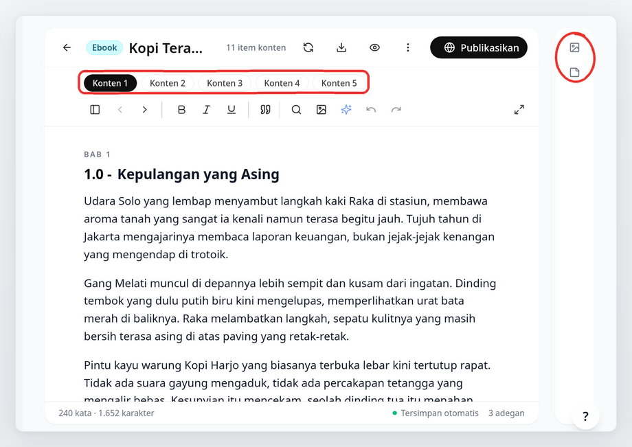 Editor novel dengan tab konten dan panel kanan berisi Cover dan Catatan