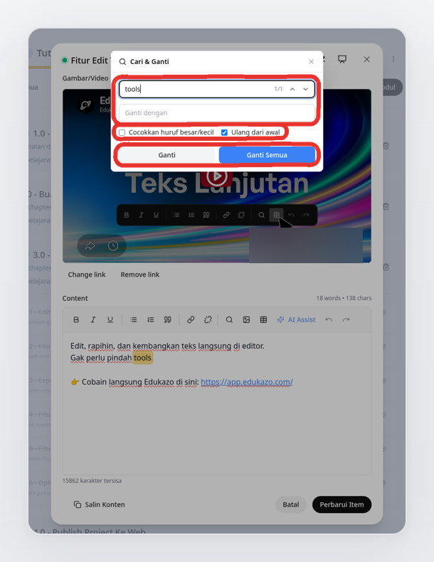 Panel Cari & Ganti dengan kolom Cari, Ganti dengan, dan tombol Ganti Semua