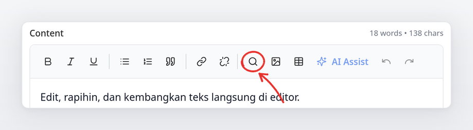 Toolbar editor dengan panah merah ke ikon Cari & Ganti