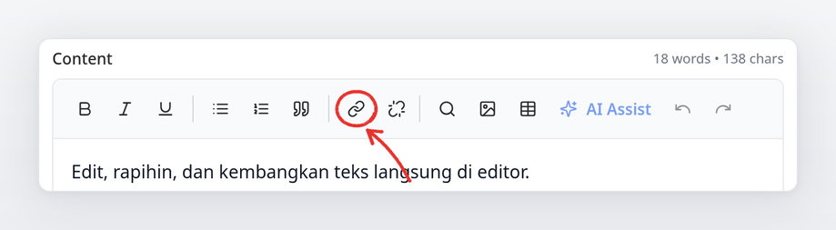Toolbar editor dengan panah merah ke ikon Insert Link