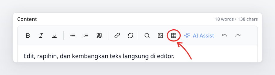Toolbar editor dengan panah merah ke ikon tabel