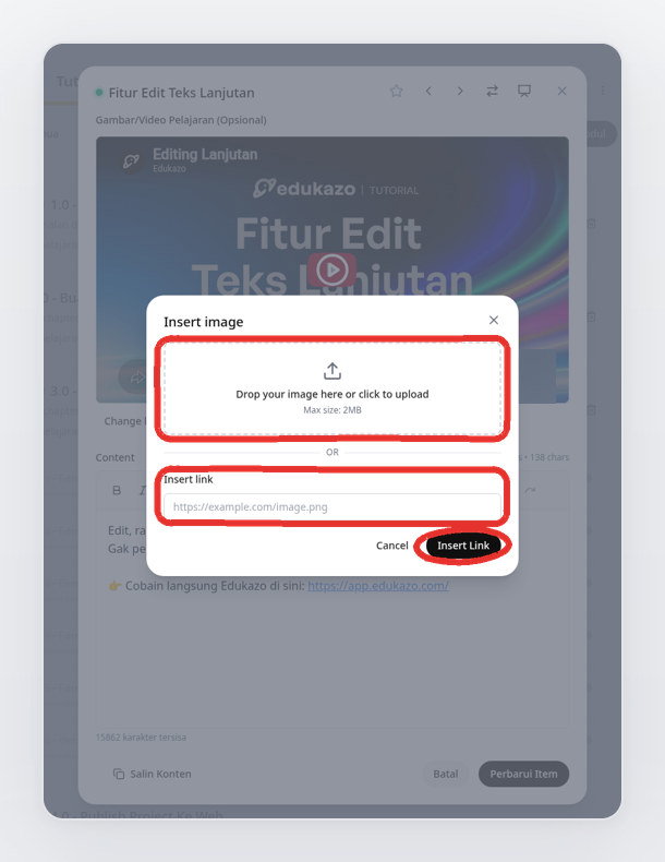Dialog Insert image dengan area unggah maksimal 2MB dan kolom link
