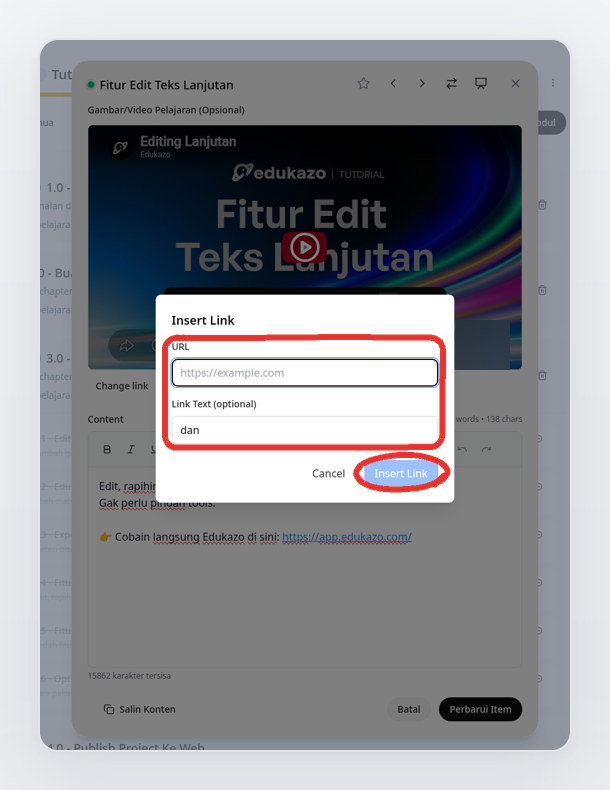 Dialog Insert Link dengan kolom URL dan Link Text
