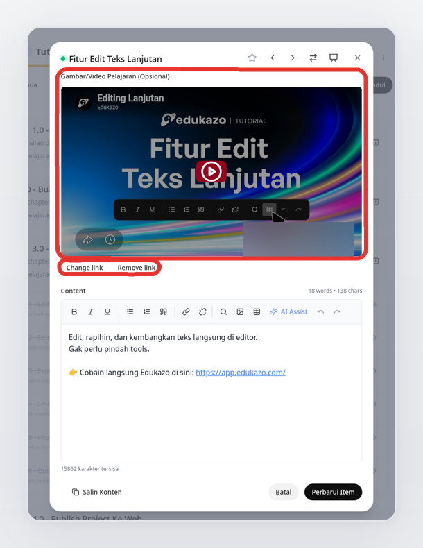 Gambar/Video Pelajaran dengan Change link dan Remove link