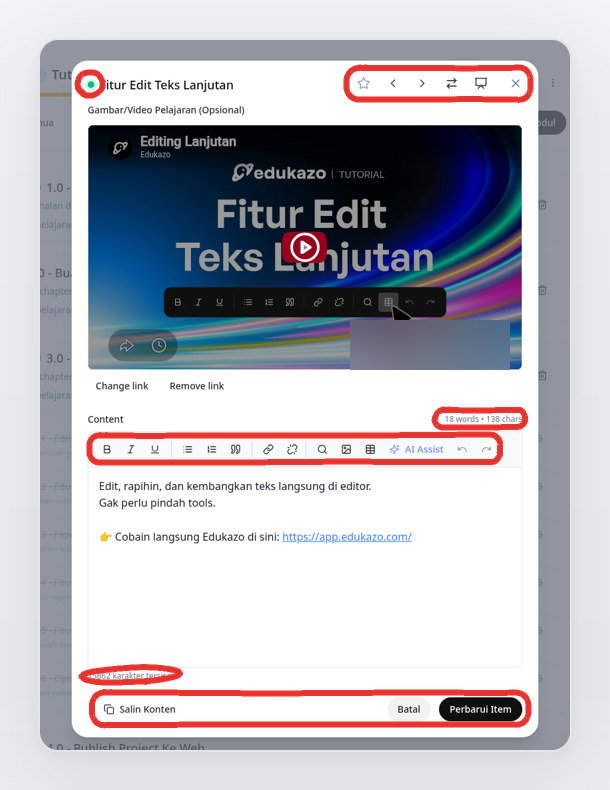 Editor pelajaran dengan titik status, tombol header, toolbar, penghitung, dan tombol bawah