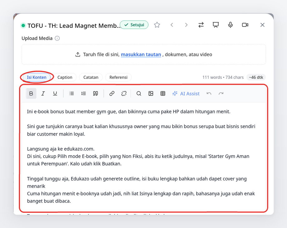 Tab Isi Konten dan editor naskah di kartu