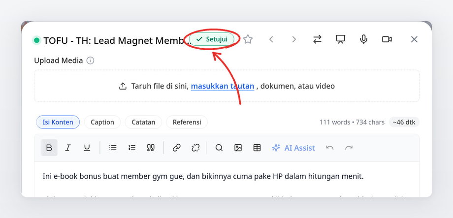 Tombol Setujui di baris judul kartu