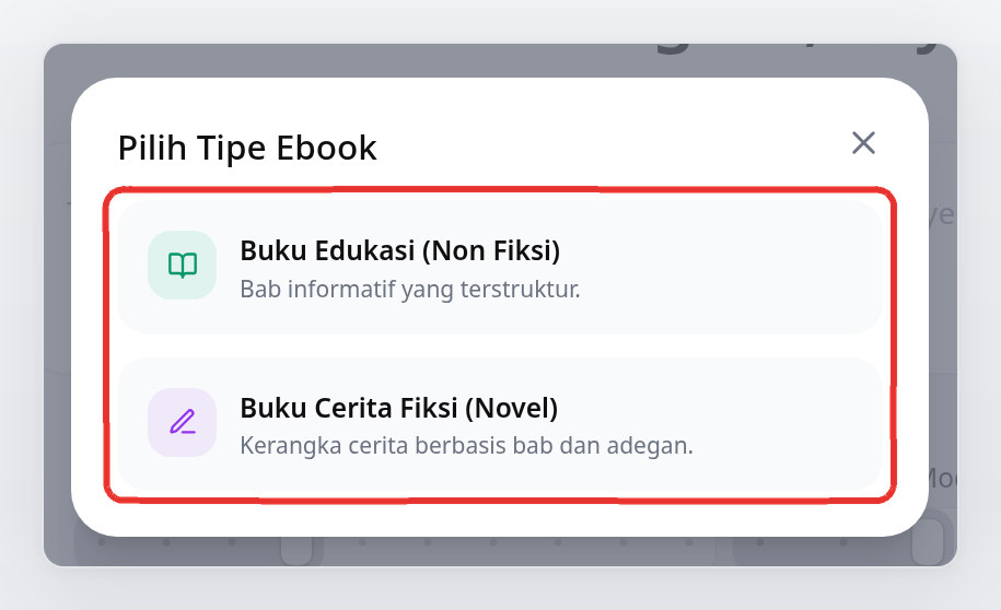 Jendela Pilih Tipe Ebook dengan pilihan Buku Cerita Fiksi (Novel)
