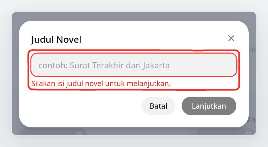 Jendela Judul Novel dengan pesan wajib diisi