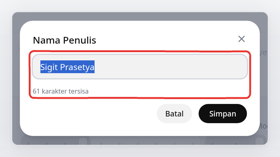 Jendela Nama Penulis dengan nama yang sudah terisi dan sisa karakter