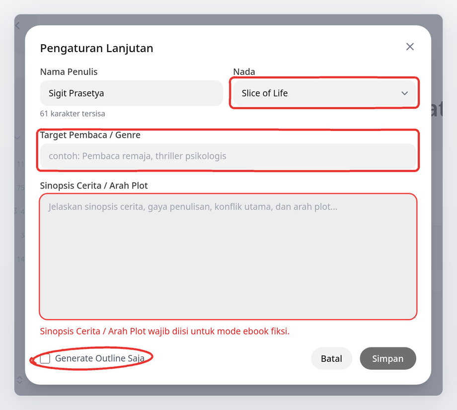 Jendela Pengaturan Lanjutan novel: Nada, Target Pembaca / Genre, Sinopsis Cerita / Arah Plot, dan Generate Outline Saja