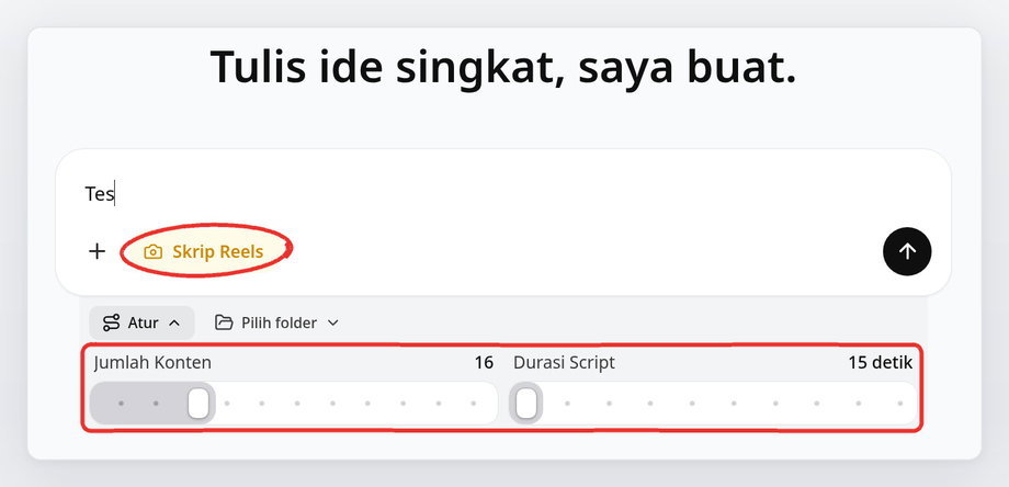Form generator dengan chip Skrip Reels dan slider di panel Atur