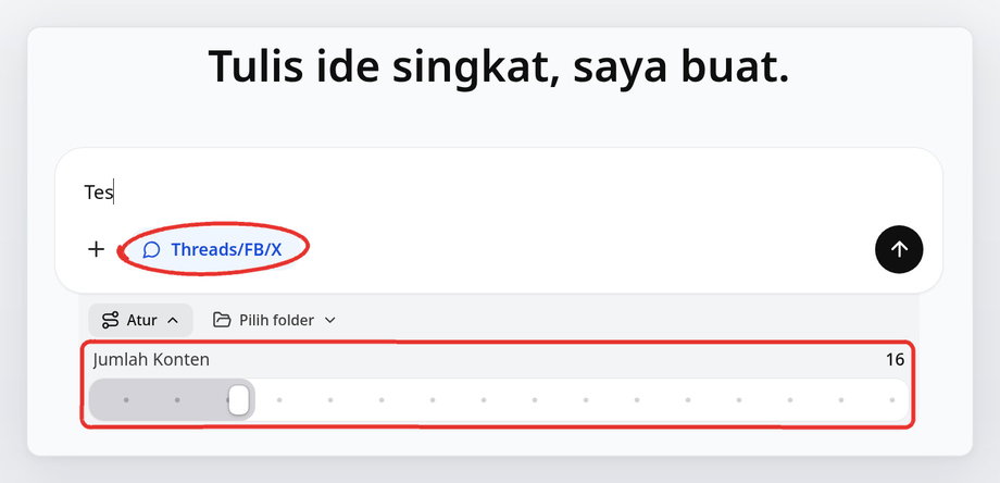 Form generator dengan chip Threads/FB/X dan slider di panel Atur