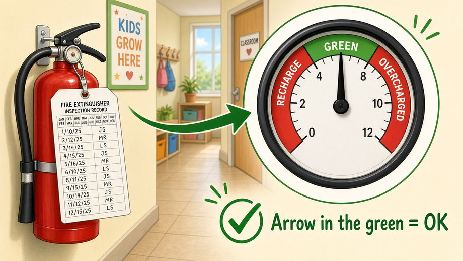 Monthly check: gauge arrow in the green, then sign the tag on the extinguisher