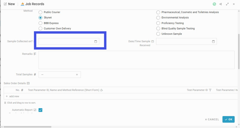 Select Sample Collection Date on Calendar from the field 'Sample Collected on?'