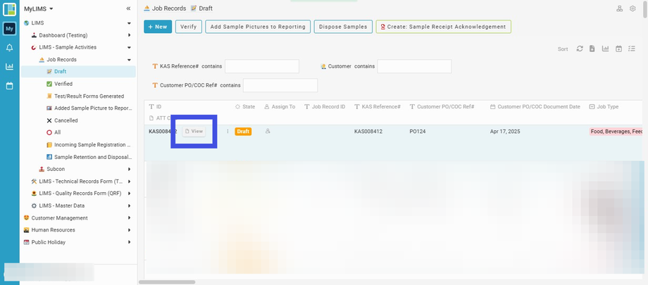 Navigate to the 'View' button beside the 'State' column, and click to view the Job Record