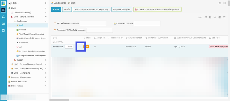 The Job Record can be edited by clicking the 'three-dot' button and selecting 'Edit'
