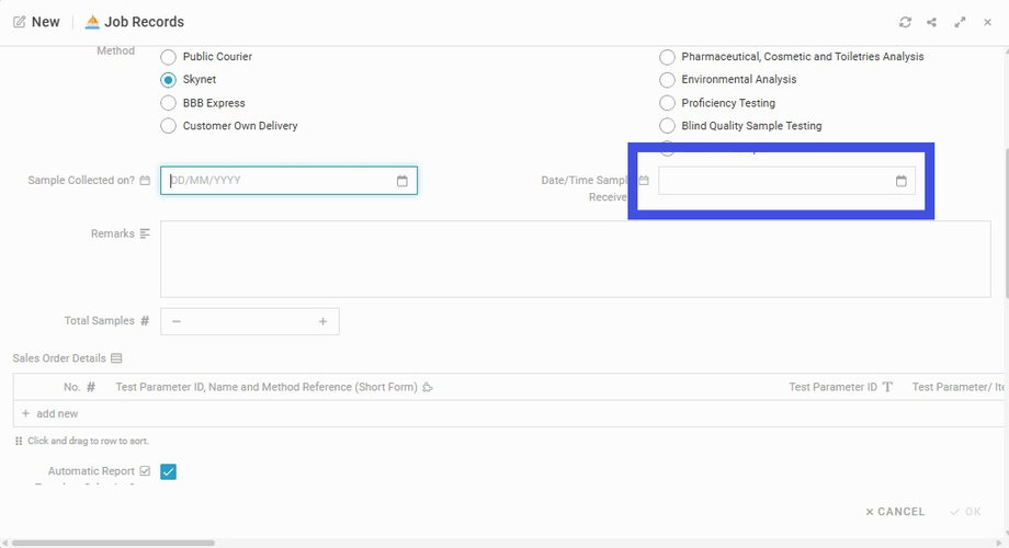 Select 'Date/Time Sample Received' from the Calendar