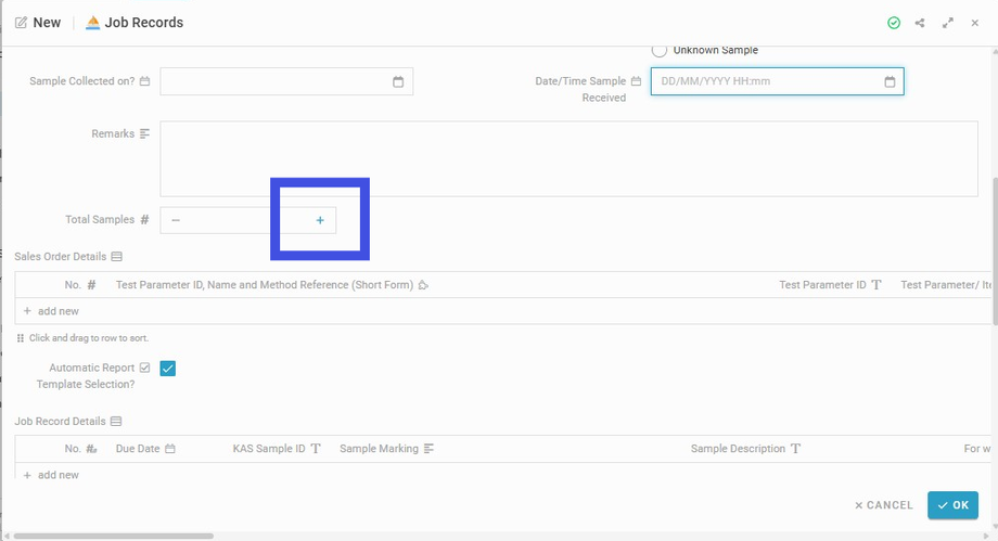 Click the (+) button to add the quantity of the 'Total Samples'