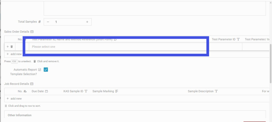 Select from the column's dropdown 'Test Parameter ID, Name, and Method Reference (Short Form)' to assign the Tests to the respective Samples