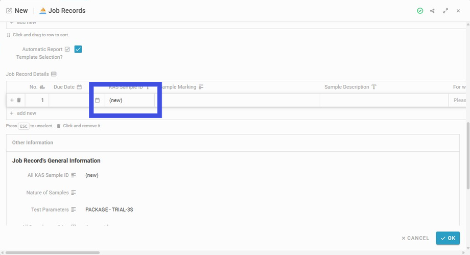 In the Job Record Details table, '(new)' will appear in the 'KAS Sample ID' column