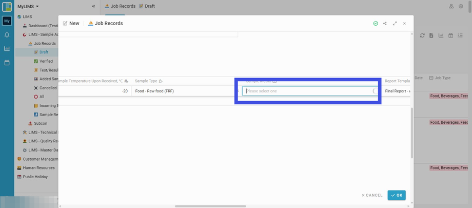Select the 'Sample Matrix', which is a dropdown dependent on the 'Sample Type'