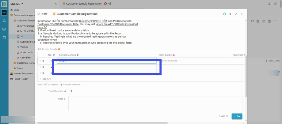 Continue inserting Sample Marking