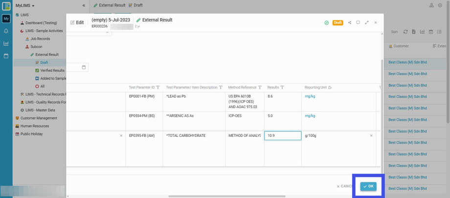 Click the 'OK' button to submit the Results