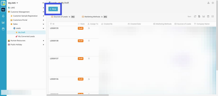 Navigate to and click the 'New' button to create a new Entry
