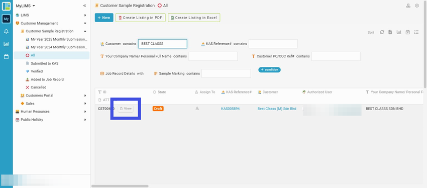 Navigate and click on the 'View' to view the Entry