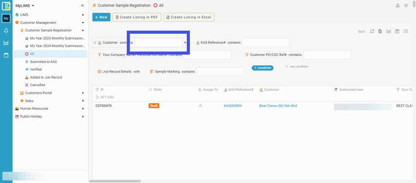 Navigate and click on the 'Customer' field and enter the customer name to search for the entries