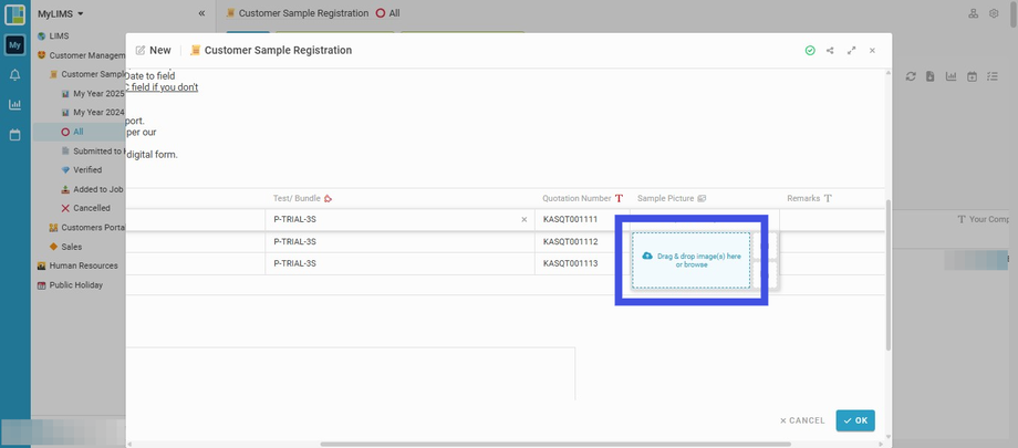 Navigate to the 'Sample Picture' column of a selected sample to add a Sample Picture (if you wish)