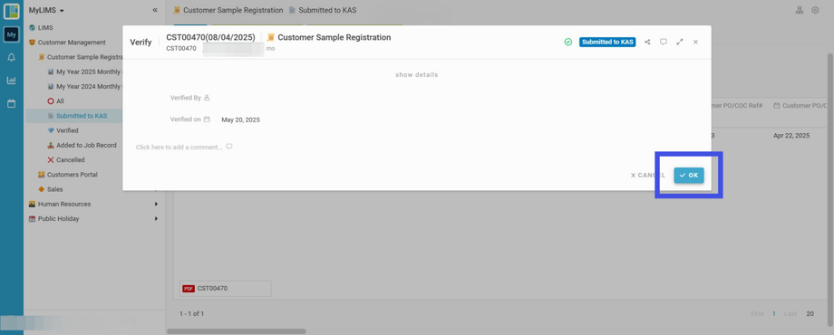 Click the 'OK' button to confirm verify the Sample Registration Record