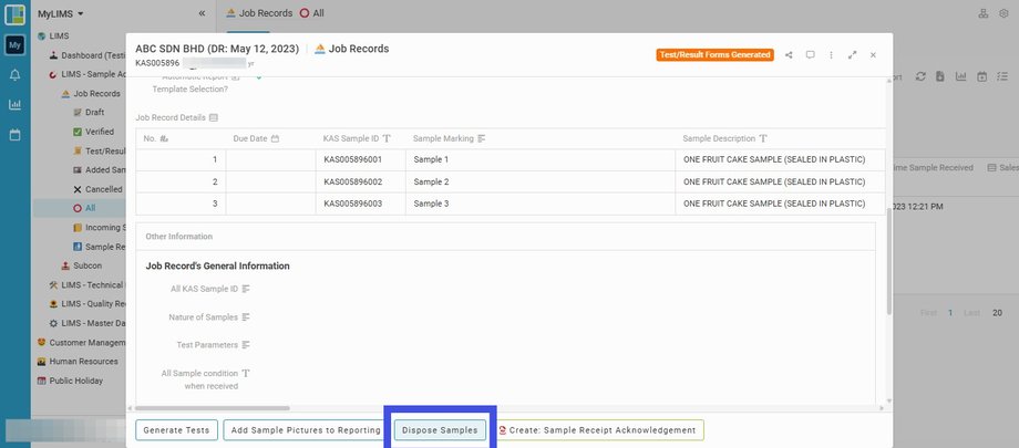 Click the 'Dispose Samples' button