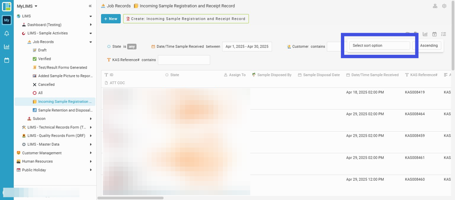 Click and chose the options in the dropdown of 'Select sort option'