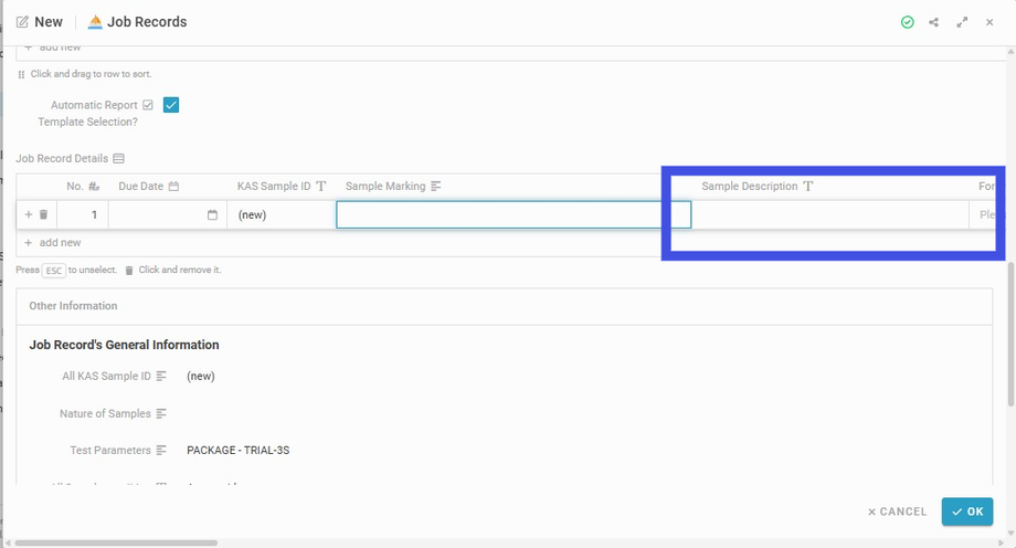 Insert information into the field 'Sample Description'