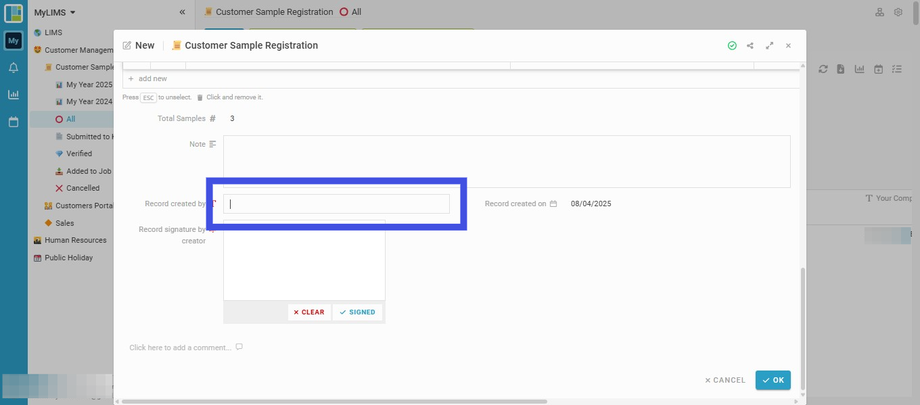 Navigate to 'Record Created By' to enter the creator's name