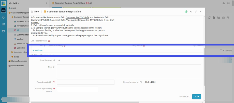 Add sample(s) to Job Record Details Table by navigating to the '+ add new'