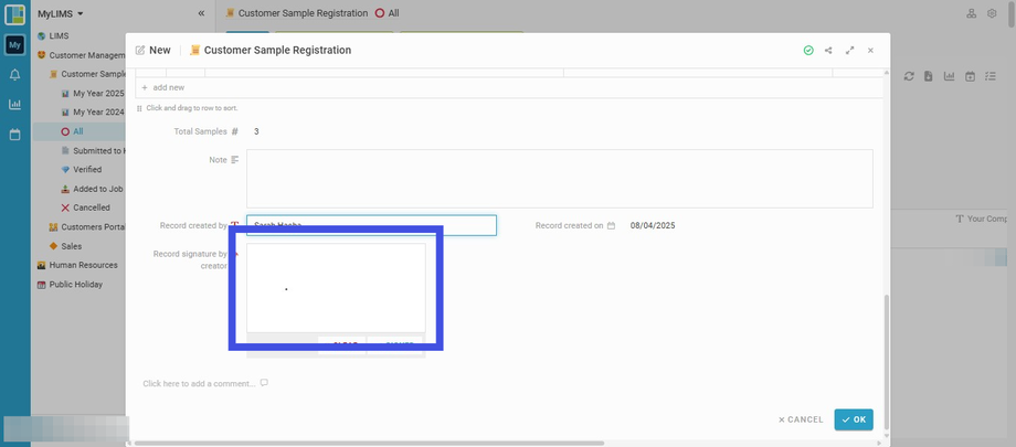 Navigate to the 'Record signature by creator'